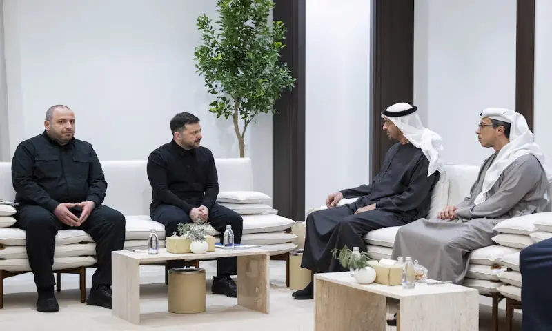 UAE President Sheikh Mohamed bin Zayed Al Nahyan meets with Ukraine’s President Volodymyr Zelensky as UAE Vice President and Deputy Prime Minister Sheikh Mansour bin Zayed Al Nahyan, and Secretary of the National Security and Defence Council of Ukraine Rustem Umerov look on, in the UAE in this undated handout picture released on March 28, 2026. Reuters file UAE President Sheikh Mohamed bin Zayed Al Nahyan meets with Ukraine’s President Volodymyr Zelensky as UAE Vice President and Deputy Prime Minister Sheikh Mansour bin Zayed Al Nahyan, and Secretary of the National Security and Defence Council of Ukraine Rustem Umerov look on, in the UAE in this undated handout picture released on March 28, 2026. Reuters file