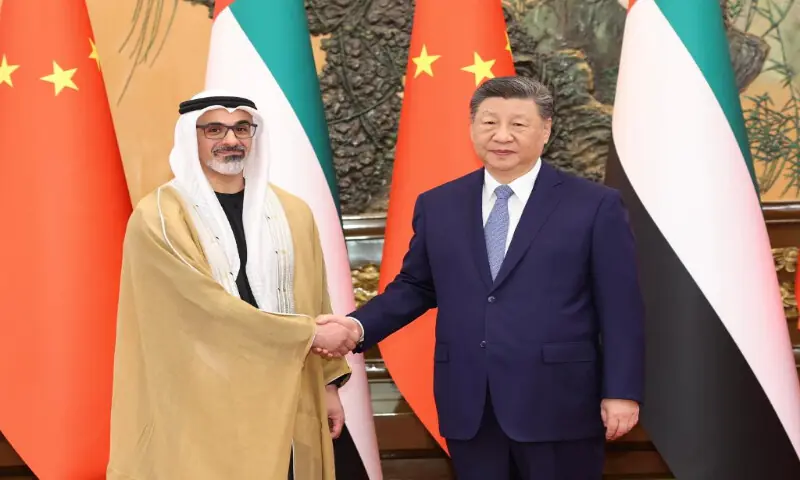 Chinese President Xi Jinping meets with Sheikh Khaled bin Mohamed bin Zayed Al Nahyan, Crown Prince of Abu Dhabi, in Beijing on Tuesday. – Courtesy social media Chinese President Xi Jinping meets with Sheikh Khaled bin Mohamed bin Zayed Al Nahyan, Crown Prince of Abu Dhabi, in Beijing on Tuesday. – Courtesy social media
