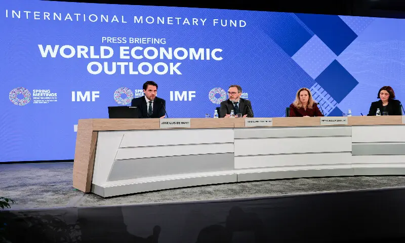 From left: Jose Luis De Haro, IMF Communications Officer, Pierre-Olivier Gourinchas, Director of IMF Research Department, Petya Koeva Brooks, Deputy Director of IMF Research Department, and Deniz Igan, Division Chief of IMF Research Department, partcipate in an economic outlook briefing during the 2026 IMF and World Bank Group Spring Meetings in Washington, DC, on April 14, 2026. AFP From left: Jose Luis De Haro, IMF Communications Officer, Pierre-Olivier Gourinchas, Director of IMF Research Department, Petya Koeva Brooks, Deputy Director of IMF Research Department, and Deniz Igan, Division Chief of IMF Research Department, partcipate in an economic outlook briefing during the 2026 IMF and World Bank Group Spring Meetings in Washington, DC, on April 14, 2026. AFP