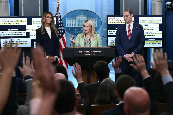 White House Press Secretary Karoline Leavitt speaks during a press briefing with US Treasury Secretary Scott Bessent and Administrator of the Small Business Administration Kelly Loeffler in the Brady Briefing Room at the White House in Washington, DC, on April 15, 2026. AFP