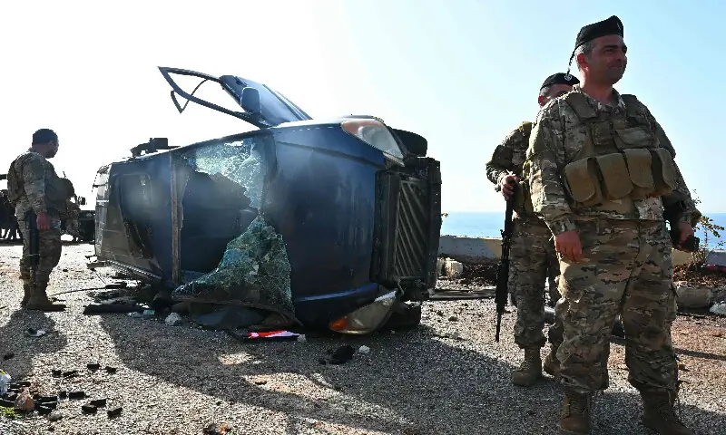 Lebanese army soldiers secure the site of an Israeli drone attack that targeted a vehicle on the highway of Saadiyat, south of Beirut, on April 16, 2026. Lebanese army soldiers secure the site of an Israeli drone attack that targeted a vehicle on the highway of Saadiyat, south of Beirut, on April 16, 2026.