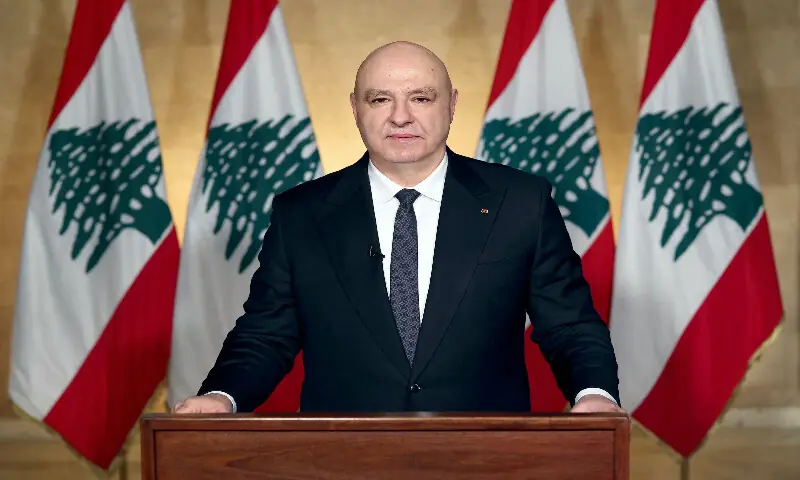 A photograph released by the Lebanese Presidency on April 17, 2026, shows Lebanon&rsquo;s President Joseph Aoun delivering a televised address to the Lebanese people from the Baabda Presidential Palace, east of the capital Beirut. AFP