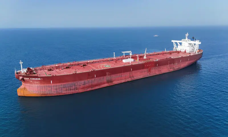 A drone view shows the Malta-flagged tanker Agios Fanourios I, an oil tanker that sailed through the Strait of Hormuz, arriving in Iraq&rsquo;s territorial waters off Basra, Iraq. &ndash; Reuters