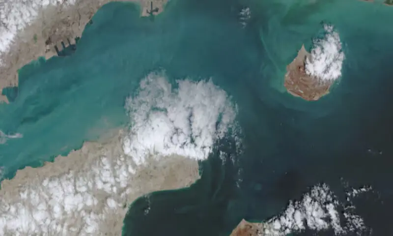 A satellite image shows the ship movement at the Strait of Hormuz on April 17, 2026, in Space. Reuters