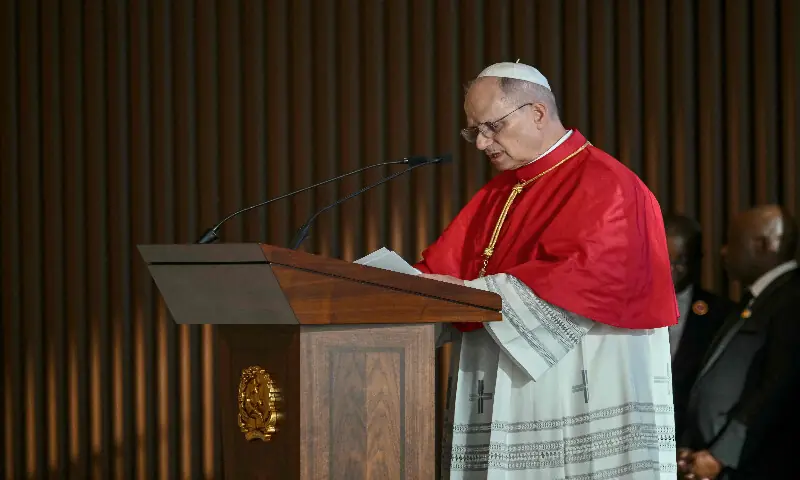 Pope Leo XIV speaks as he attends a meeting with the authorities, civil society and the diplomatic corps at the Protocollar Pavillion of the Presidency in Luanda on the sixth day of an 11-day apostolic journey to Africa, on April 18, 2026. AFP