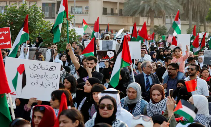 Demonstrators attend a protest in support of Palestinians in Muharraq, Bahrain. &ndash; Reuters file