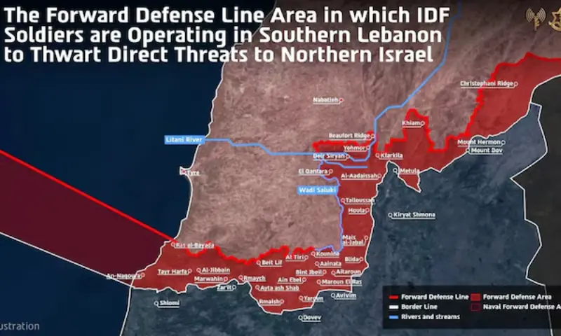 A handout graphic of a map, according to the Israeli military, shows the Forward Defence Line and the area in which they are operating in southern Lebanon, published on April 19, 2026. Israel Defence Forces/Handout via Reuters.