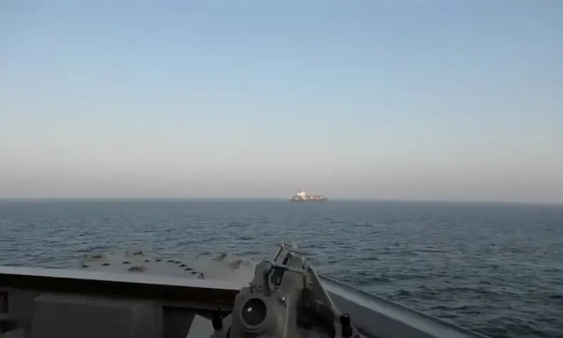 A view of Iranian-flagged cargo ship Touska as USS Spruance conducts its interception in a location given as the north Arabian Sea in this screen capture. &ndash; Reuters
