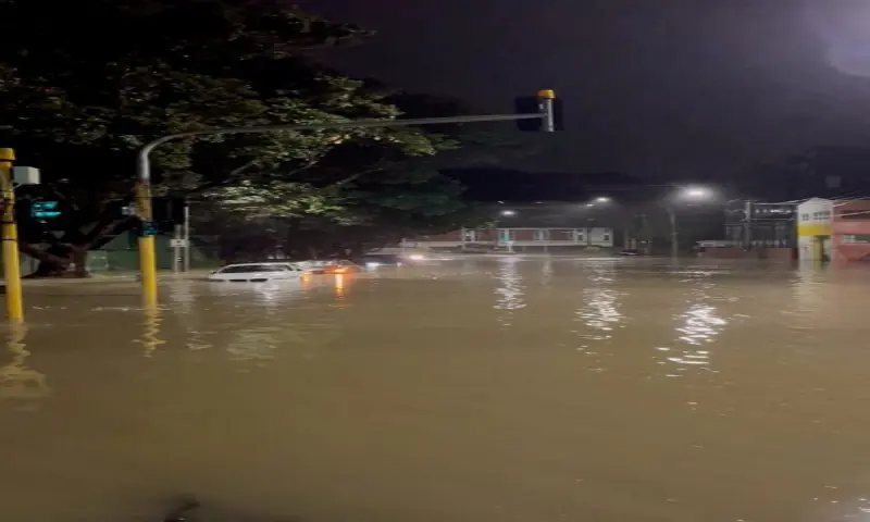 Vehicles are partially submerged along a flooded road in Wellington, New Zealand. &ndash; Reuters