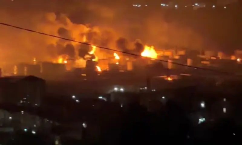 Fire and smoke rise at the Tuapse oil refinery near the Tuapse port, following a Ukrainian drone attack, according to Russian officials, in Tuapse, Krasnodar Krai, Russia. &ndash; Reuters