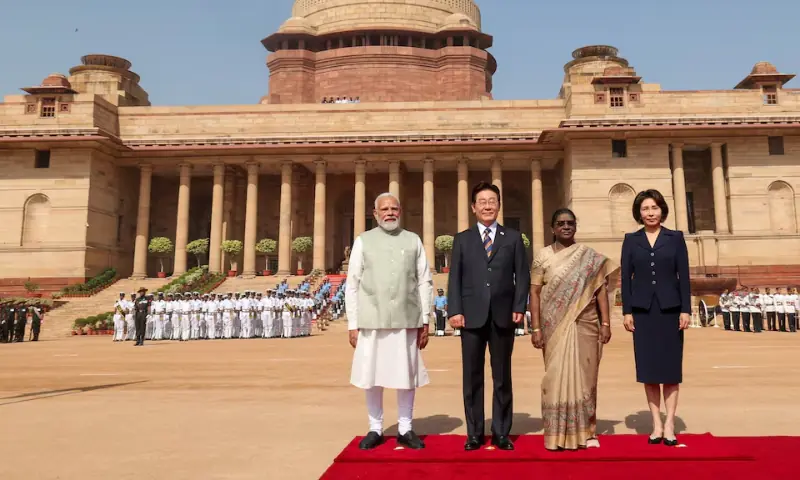 South Korean President Lee Jae Myung, his wife Kim Hye Kyung, Indian President Droupadi Murmu and Prime Minister Narendra Modi. &ndash; Reuters