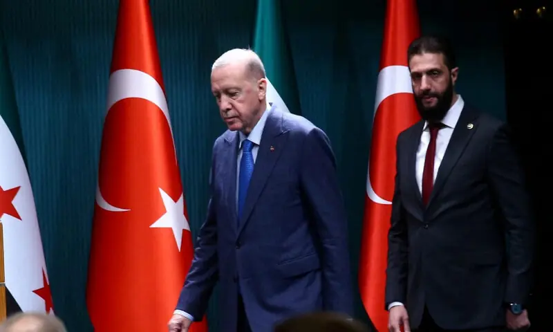 Turkish President Recep Tayyip Erdogan and Syrian President Ahmed Al Sharaa attend a press conference in Ankara, Turkey. &ndash; Reuters file