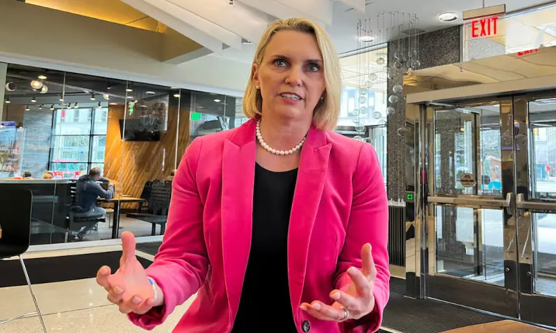 Bridget Brink, a Democratic candidate for Michigan&rsquo;s 7th Congressional District, speaks during an interview with Reuters in an office lobby in downtown Detroit, Michigan, US, April 18, 2026. Reuters