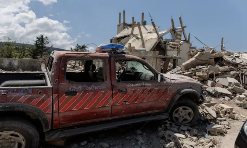 A damaged civil defence car parks in front of a house damaged by an Israeli strike, amid a 10-day ceasefire between Lebanon and Israel, in Mansouri village, southern Lebanon. &ndash; Reuters