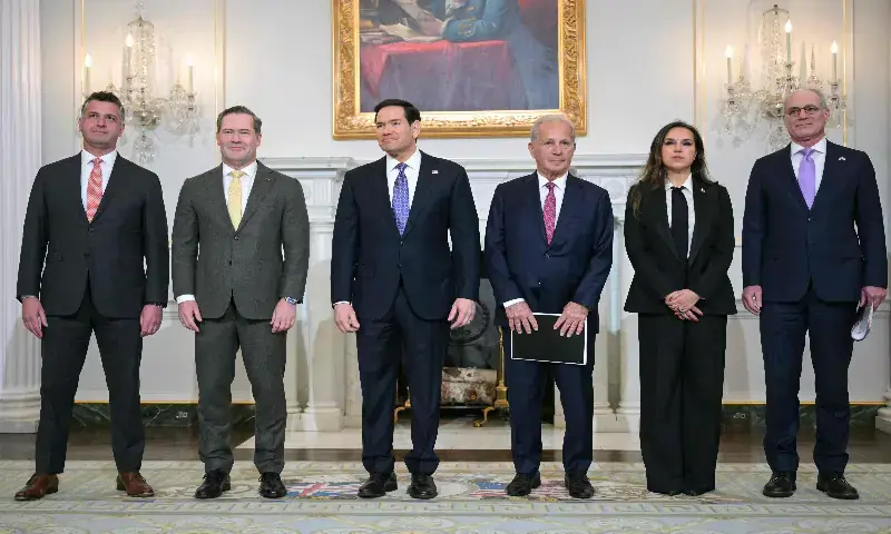 From left to right: US State Department Counsellor Michael Needham, US Ambassador to the UN Mike Waltz, US Secretary of State Marco Rubio, US Ambassador to Lebanon Michel Issa, Lebanon's Ambassador to the US Nada Hamadeh Moawad, and Israeli Ambassador to the US Yechiel Leiter stand together before meeting at the State Department in Washington, DC, on April 14, 2026. AFP file