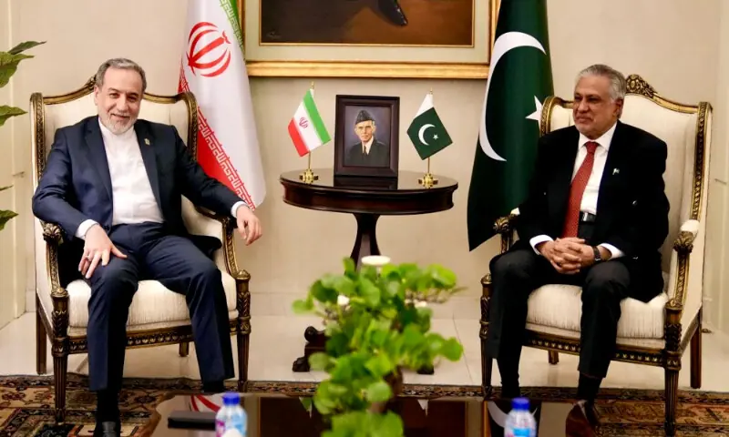 Iran's Foreign Minister Abbas Araghchi meets with his Pakistani counterpart Ishaq Dar in Islamabad after his arrival ion Pakistan on Friday. -- Photo courtesy X