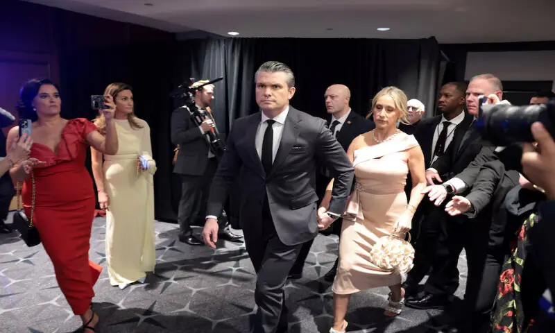 US Secretary of Defence Pete Hegseth and his wife Jennifer Rauchet returns to the annual White House Correspondents&rsquo; Association dinner after a shooting incident in Washington, DC. -- Reuters