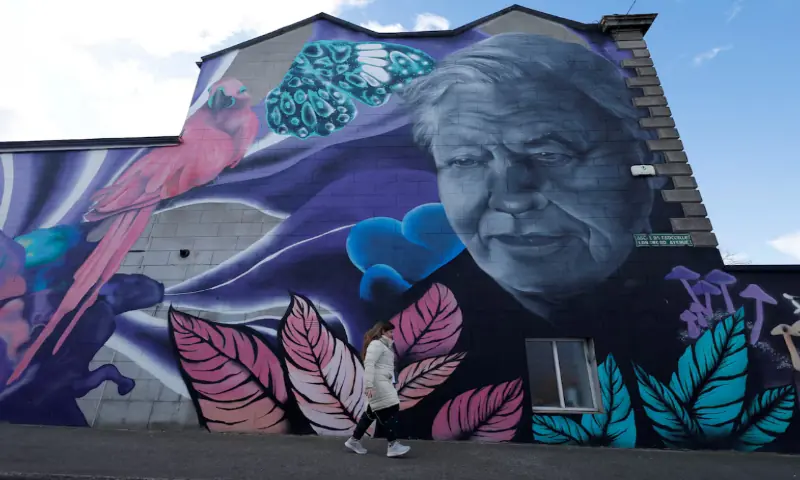 A woman walks past a mural depicting British broadcaster and biologist David Attenborough in Dublin, Ireland. -- Reuters