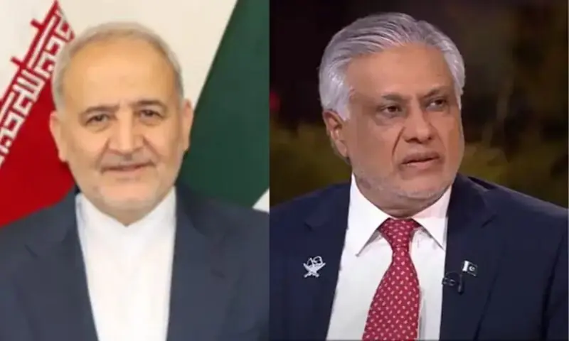 Iranian Ambassador Reza Amiri Moghadam and Foreign Minister Ishaq Dar. -- Reuters