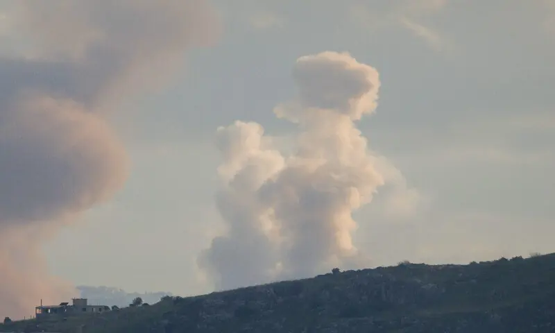 Smoke rises from the site of explosions conducted by Israeli troops in the southern Lebanese village of al-Qantara on April 28, 2026. AFP