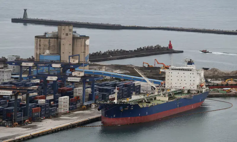 An oil tanker docks at Keelung Port in Keelung, Taiwan. -- Reuters