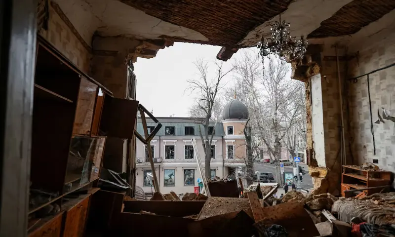 The interior of the damaged room in the apartment building hit by a Russian drone strike in Odesa, Ukraine. -- Reuters