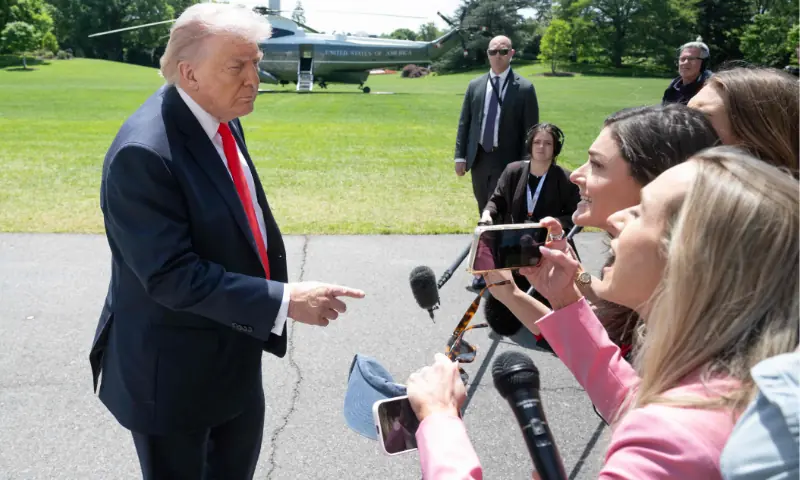 US President Donald Trump speaks with the media prior to departing from the South Lawn of the White House in Washington, DC, May 1, 2026. AFP