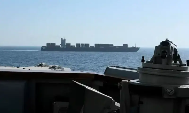 A view of Iranian-flagged cargo ship M/V Touska as the US navy Arleigh Burke-class Aegis guided missile destroyer USS Spruance conducts its interception in a location given as the north Arabian Sea. -- Reuters