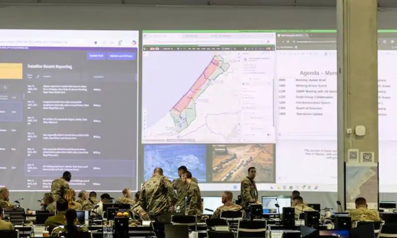 US and Israeli soldiers convene at the Civil Military Coordination Centre in Kiryat Gat, southern Israel. -- Reuters