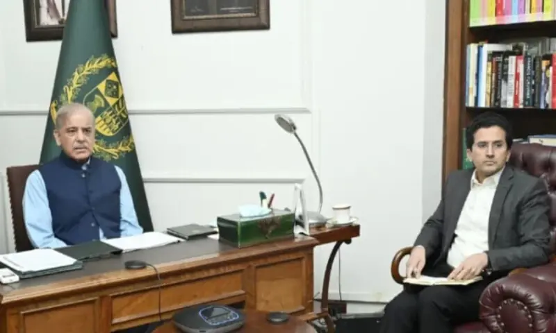 Prime Minister Shehbaz Sharif and Federal Minister for Petroleum Ali Pervaiz Malik during a meeting.