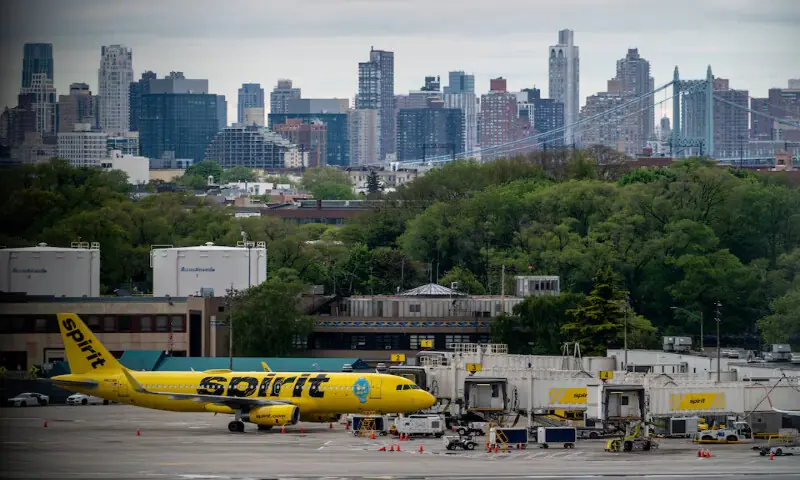 A Spirit Airline plane sits on the tarmac at LaGuardia Airport in Queens, in New York City, US, on May 2, 2026. Reuters