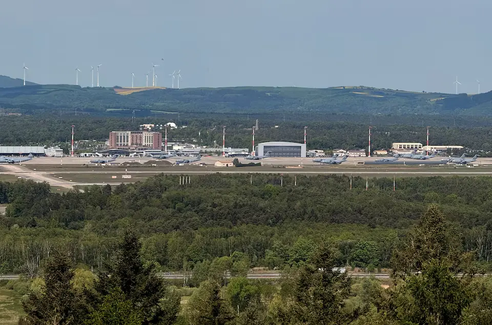 US aircrafts are parked on the tarmac at the US airbase in Ramstein, Germany. -- Reuters