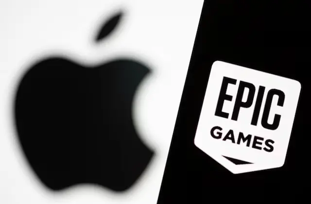 Epic Games logo and Apple logo, -- Reuters