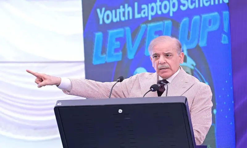 Prime Minister Shehbaz Sharif addresses at a ceremony in Gilgit-Baltistan on Thursday. APP