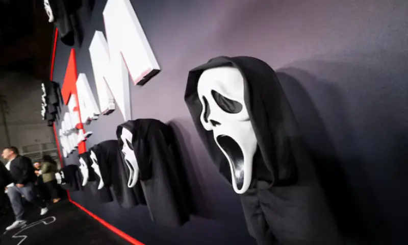 Ghostface masks are put up on the day of the premiere of 'Scream 7', on Stage 18 at Paramount Studios in Los Angeles, California, US. -- Reuters