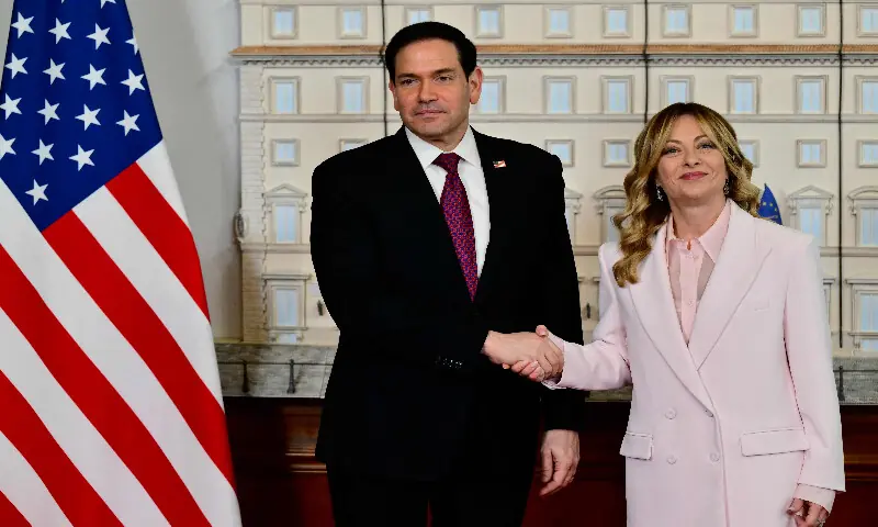 Italy's Prime Minister Giorgia Meloni welcomes US Secretary of State Marco Rubio at Palazzo Chigi in Rome on May 8, 2026. AFP