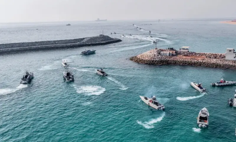 IRGC navy speedboats move during an exercise in Abu Musa island. -- Reuters file