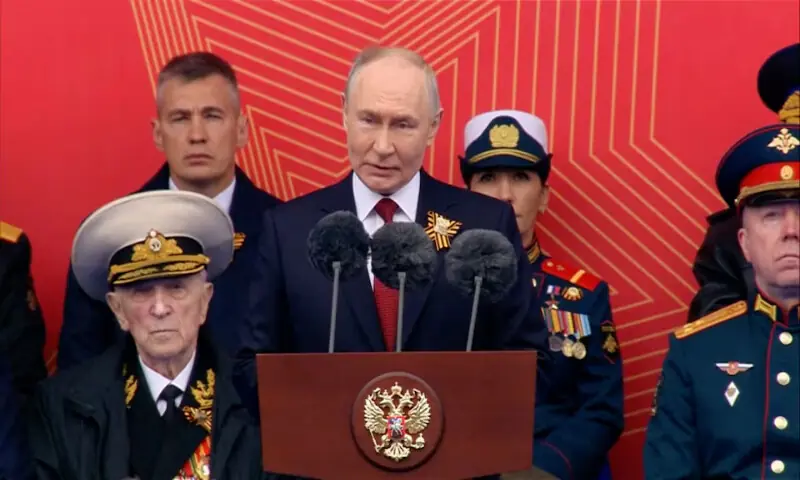 Russian President Vladimir Putin delivers a speech during a military parade on Victory Day in Red Square in central Moscow, Russia, on Saturday. -- Reuters