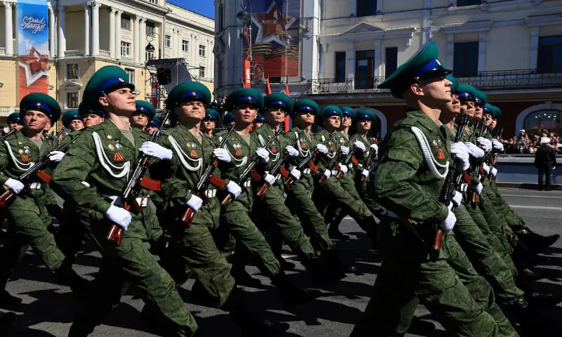 Russian service members take part in a military parade on Victory Day in Vladivostok, Russia, on Saturday. -- Reuters
