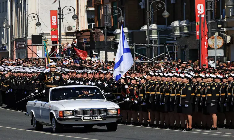 Viktor Liina, Commander in Chief of Russia's Pacific Fleet, takes part in a military parade on Victory Day in Vladivostok, Russia, on Saturday. -- Reuters