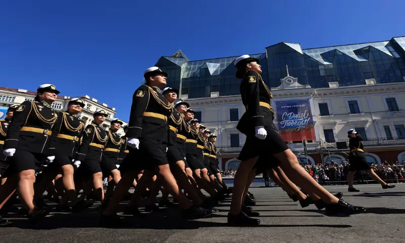 Russian service members take part in a military parade on Victory Day in Vladivostok, Russia, on Saturday. -- Reuters
