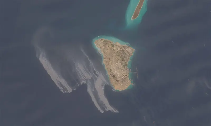 This satellite image obtained from Copernicus Sentinel Data 2026 on May 8, 2026, appears to show an oil slick spreading off the coast of Kharg Island, a key oil export terminal for Iran. AFP