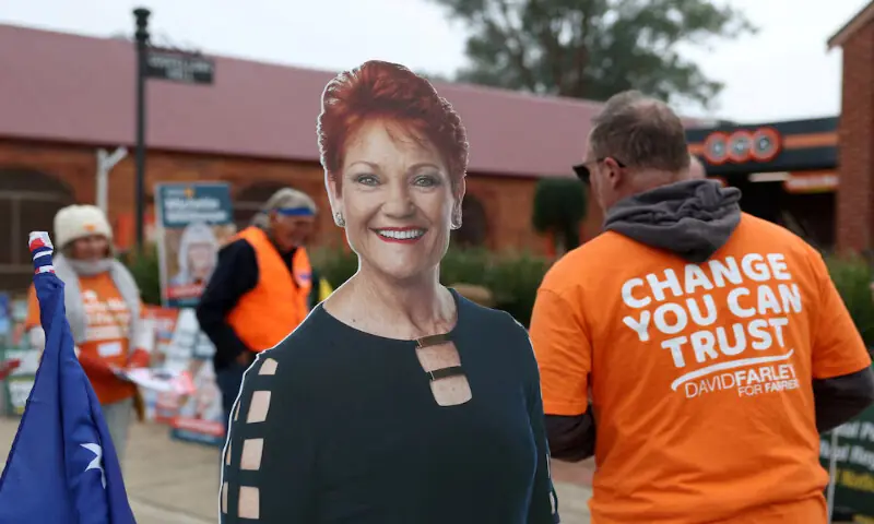 A campaign cutout depicting One Nation leader Pauline Hanson is displayed outside a pre-polling centre ahead of the Farrer by-election in Corowa, Australia. -- Reuters