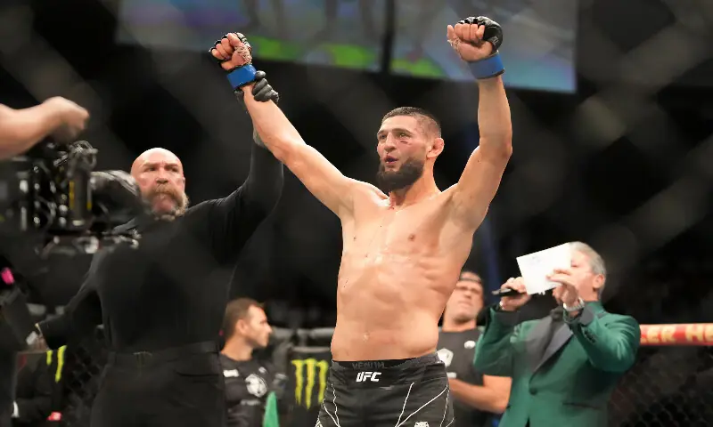 Jacksonville, Florida, USA; Khamzat Chimaev (blue gloves) declared winner after a fight against Gilbert Burns (red gloves) during UFC 273 at VyStar Veterans Memorial Arena. -- Reuters