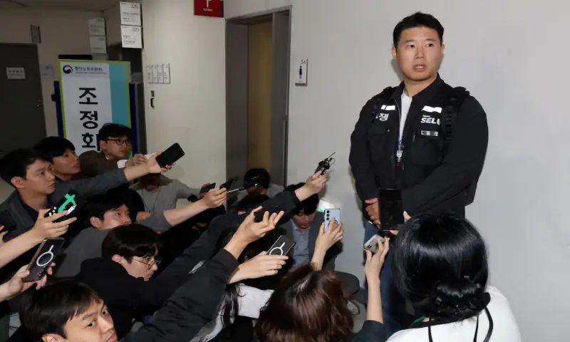 Choi Seung-ho, head of Samsung Electronics union, speaks after a mediation session at the National Labour Relations Commission in Sejong, South Korea. -- Reuters