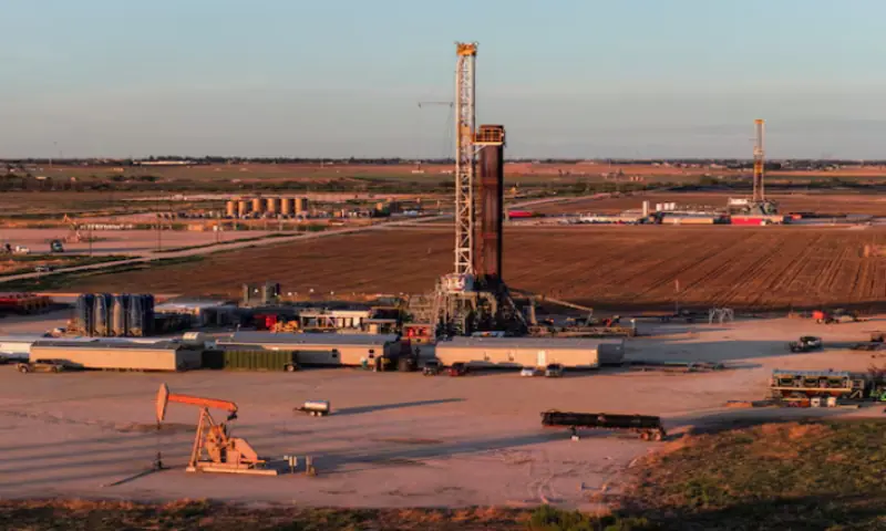 A drone view of drilling rigs in Midland, Texas, US. -- Reuters