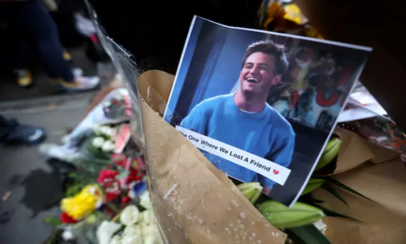 A makeshift memorial for actor Matthew Perry, the wise-cracking co-star of the 1990s hit television sitcom "Friends," who was found dead at his Los Angeles home October 28, is pictured on Bedford Street in Manhattan in New York City, US. -- Reuters