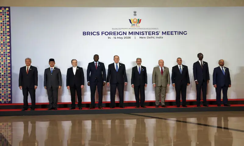 Foreign ministers and representatives from China, Indonesia, Iran, South Africa, Russia, India Brazil, Egypt, Ethiopa and UAE pose for a family photo during the BRICS foreign ministers' meeting in New Delhi, India, on Thursday. &ndash; Reuters
