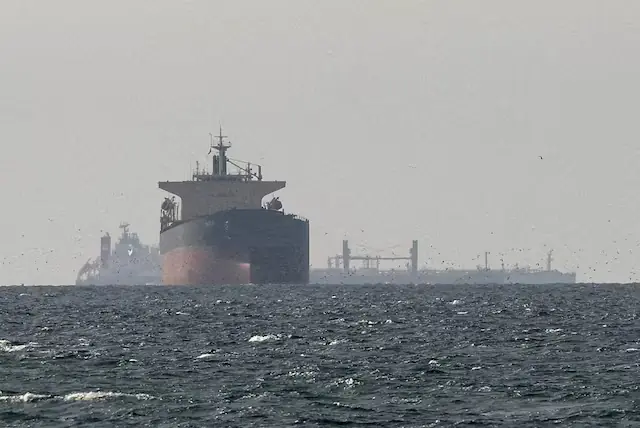 Cargo ships in the Gulf, near the Strait of Hormuz, as seen from northern Ras Al Khaimah, near the border with Oman&rsquo;s Musandam governance, amid the US-Israeli conflict with Iran, in United Arab Emirate. -- Reuters