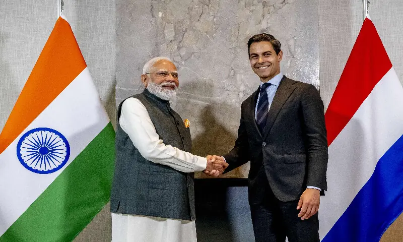 Indian Prime Minister Narendra Modi (left) and Dutch Prime Minister Rob Jetten pose ahead of their meeting at the Catshuis as part of an official visit by India's Prime Minister to The Hague on May 16, 2026. AFP